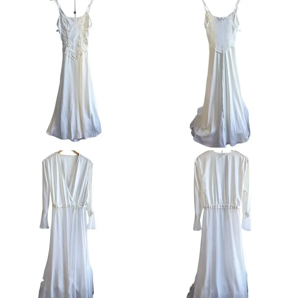 BHLDN FLORA NIKROOZ Ivory Showstopper Charmeuse Long Gown & Robe Bridal Set Sz L - Picture 5 of 10